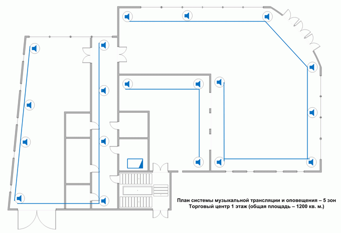 план системы аудиовещания крупного торгового центра 1 этаж